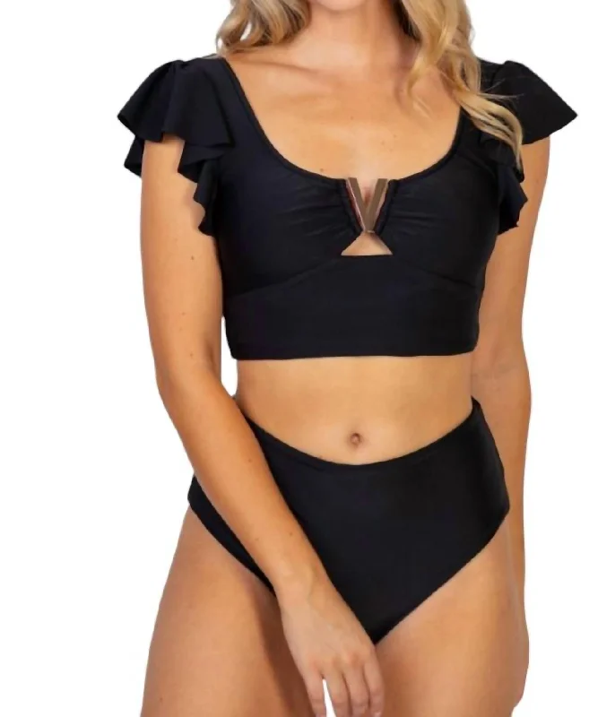 Flounce Shoulder Two Piece Swimsuit In Black