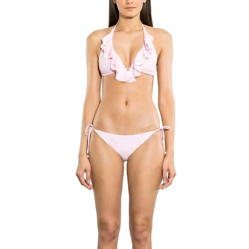 Solid Ruffle Halter Bikini Top In Blush