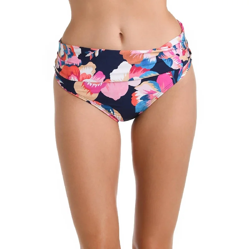 Shirred Band Hipster Bikini Bottom In Denim Bouquet Indigo