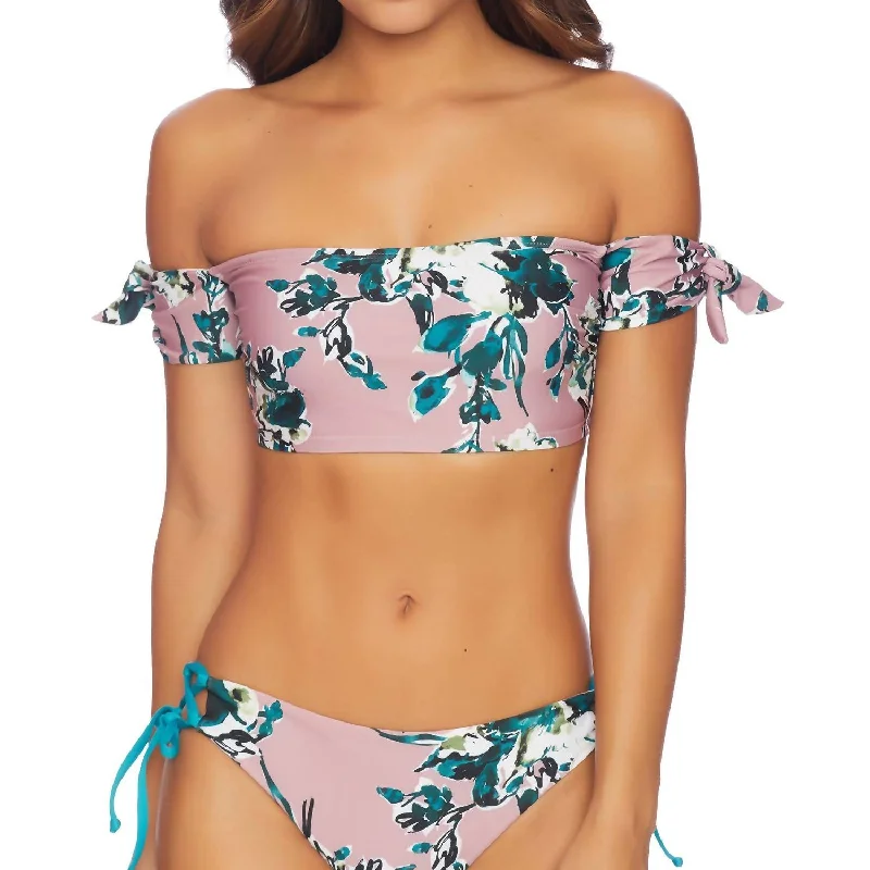 Off Shoulder Bandeau Bikini Top In Watercolor Floral Pink