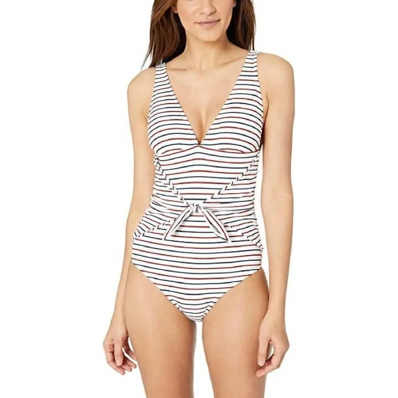 Sport Stripe Rib Tie Waist One Piece In White Multi