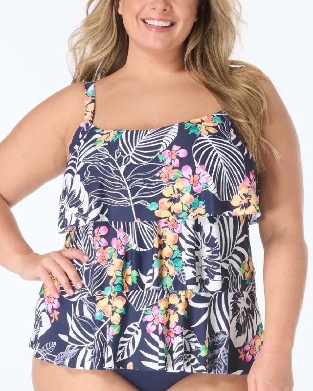 2025 Beach House Women's Plus Indigo Jungle Jersey Jane Ruffle Tiered Tankini Top - Hw3e096