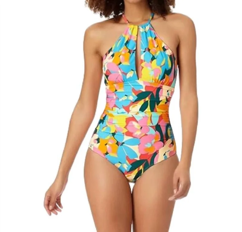 High Neck Ruffle Straps One-Piece Swimsuit In Plumeria