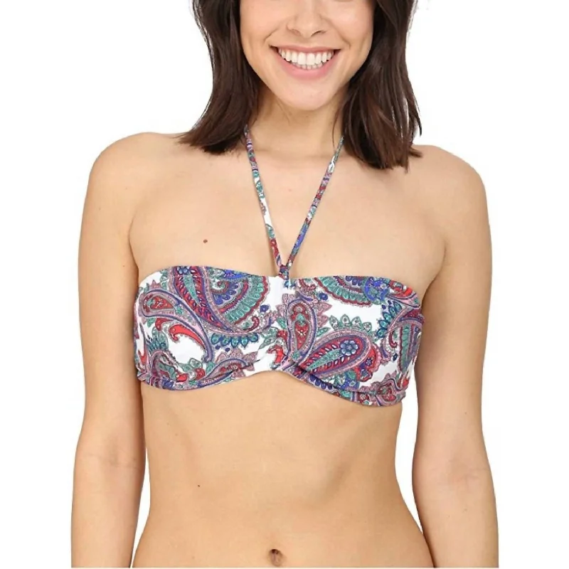 Capri Paisley Cinched Bandeau Top In White Multi