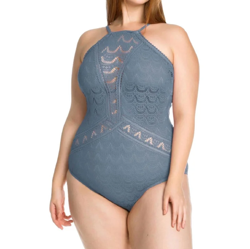 Color Play Lace High Neck One Piece Swimsuit - Plus In Steel