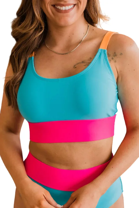 Ocean Waves Bikini Top In Blue/bright Pink/orange