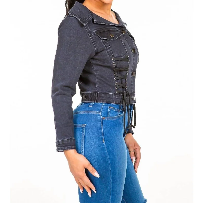 American Bazi - Chic Off Shoulder Lace Up Denim Jacket